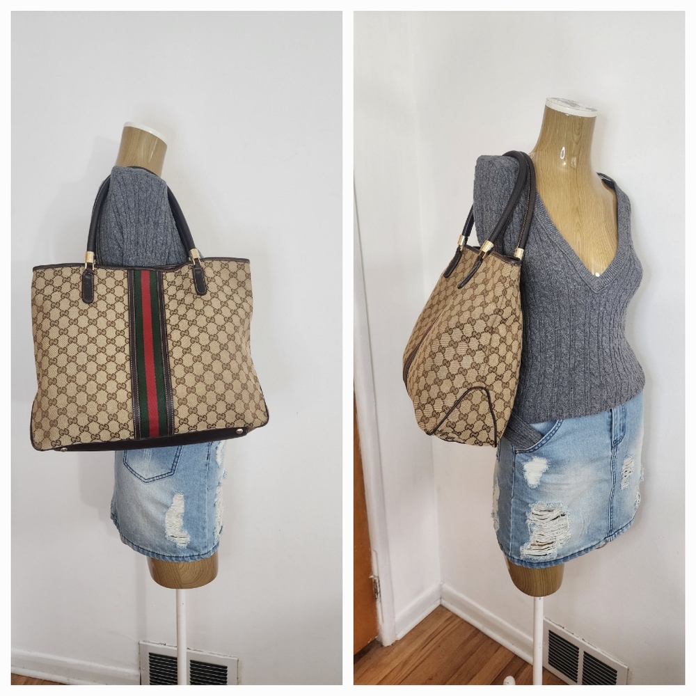 GUCCI GG Canvas Sherry Line Web Tote Bag